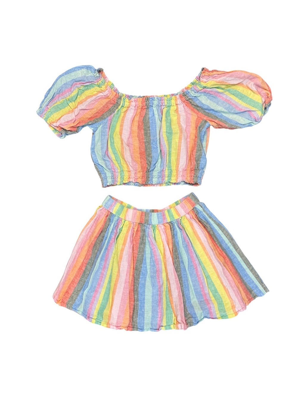 Gap Kids | Two Piece Striped Rainbow Puff-Sleeve Crop Top and Skirt Girls Medium